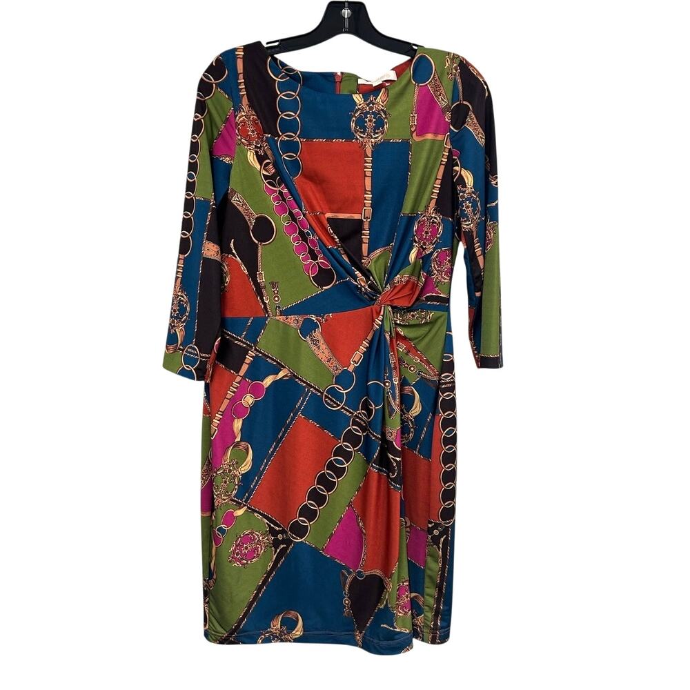Etcetera Multicolor Patchwork Equestrian Baroque Print Gathered Waist Dress US 8